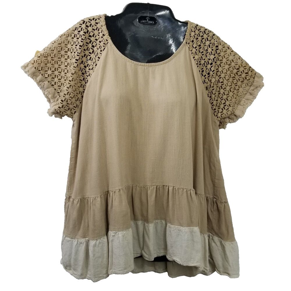 UMGEE Blouse Top Size Large Cream And Tan Linen Blend Crochet Sleeve